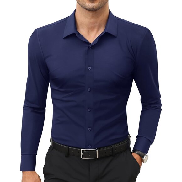 Men Navy Long Sleeve Slim Muscle Fit Wrinkle Free Button Down Dress Shirts - Picture 1 of 9